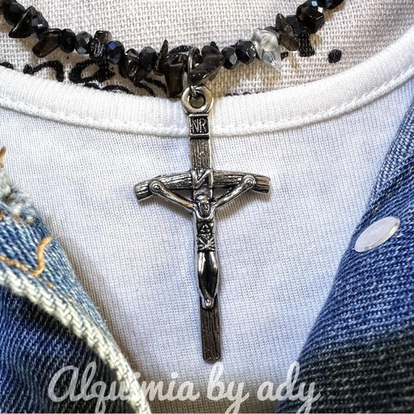 Smokey Quartz Beaded Necklace with Cross Pendant - Picture 4 of 4